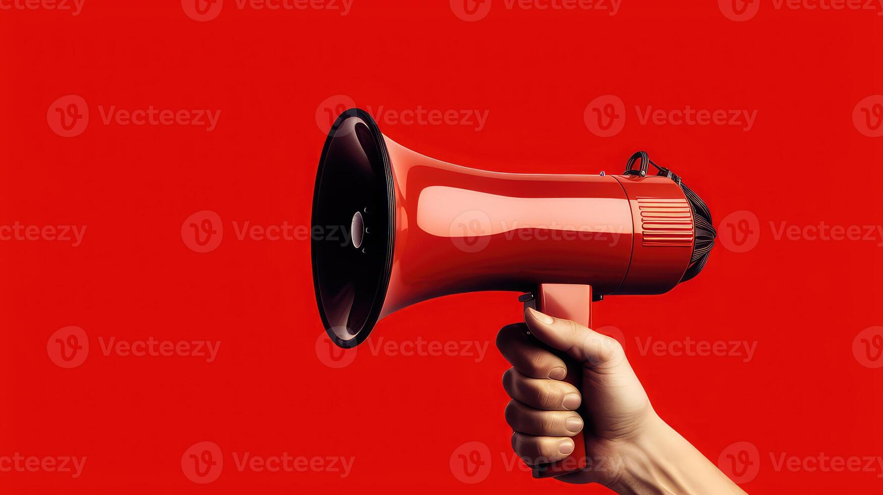 AI generated Female hand holding a megaphone on a red background with copy space photo