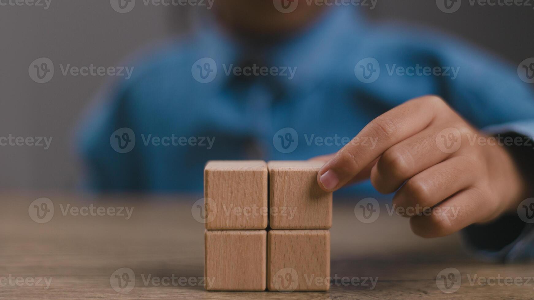 Blank wooden cubes on the table with copy space, empty wooden cubes for input wording, and an infographic icon.. photo