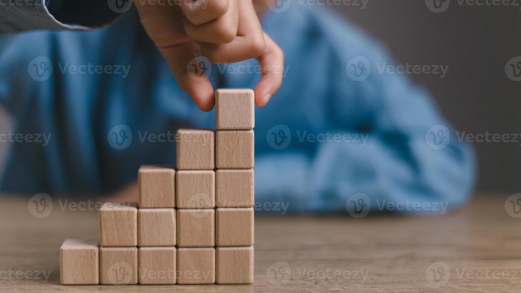 Blank wooden cubes on the table with copy space, empty wooden cubes for input wording, and an infographic icon.. photo
