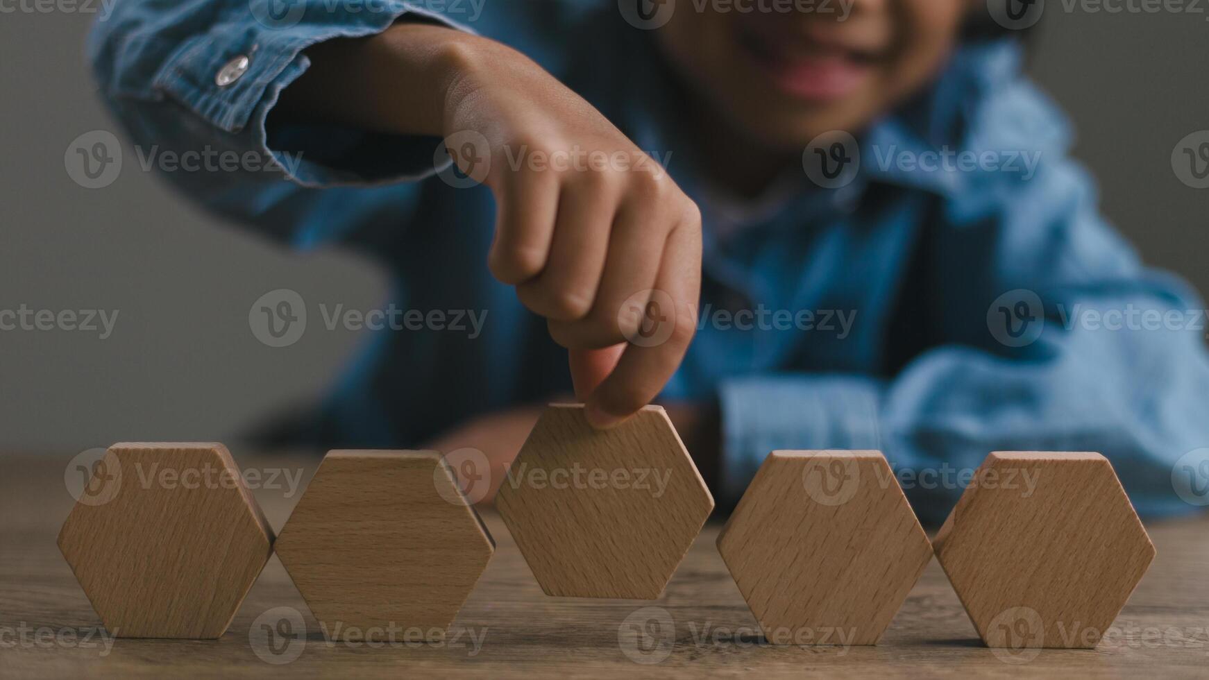 Blank wooden cubes on the table with copy space, empty wooden cubes for input wording, and an infographic icon. photo