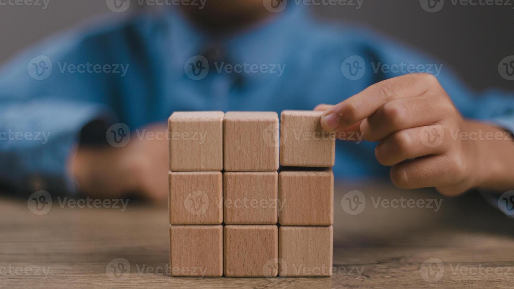 Blank wooden cubes on the table with copy space, empty wooden cubes for input wording, and an infographic icon.. photo
