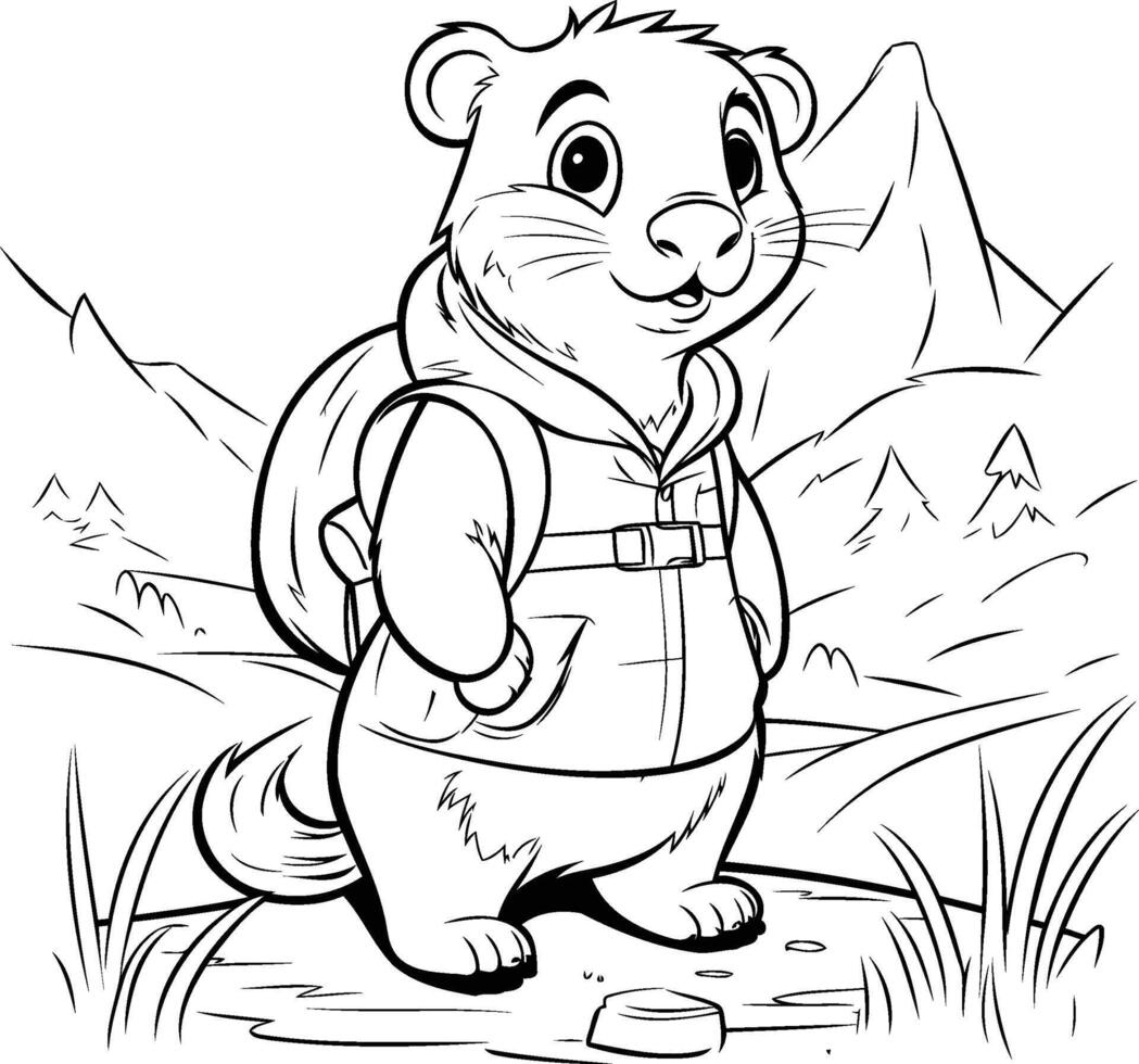 Cute cartoon hamster in the mountains. Vector illustration for coloring book
