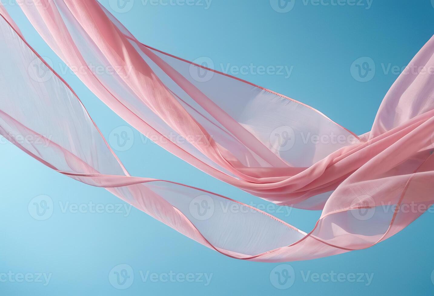 ai generado volador rosado tela ola en azul fondo, fluido ondulación seda revoloteando paño foto