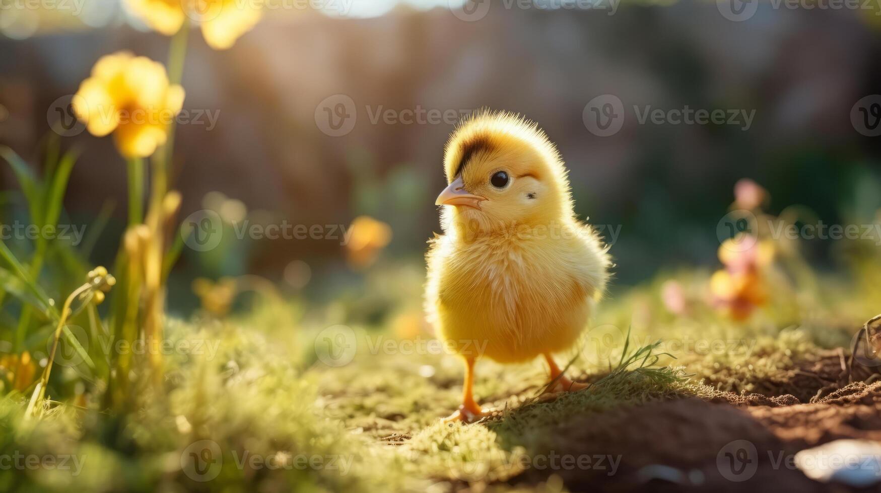 AI generated Cute little yellow chicken on green grass. Springtime concept. photo