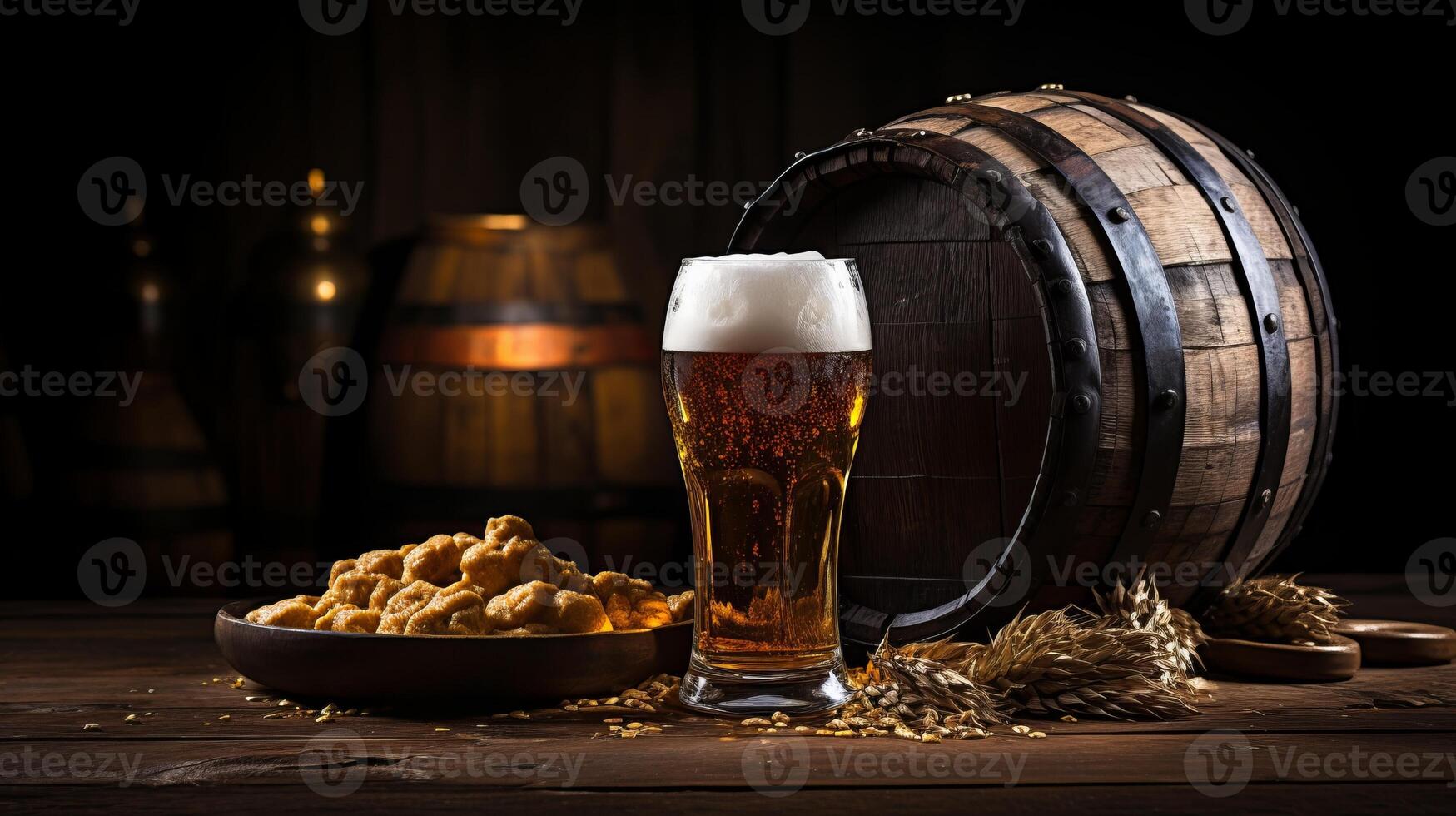 AI generated Beer glass, barrel and wheat on a wooden table. Dark background. photo