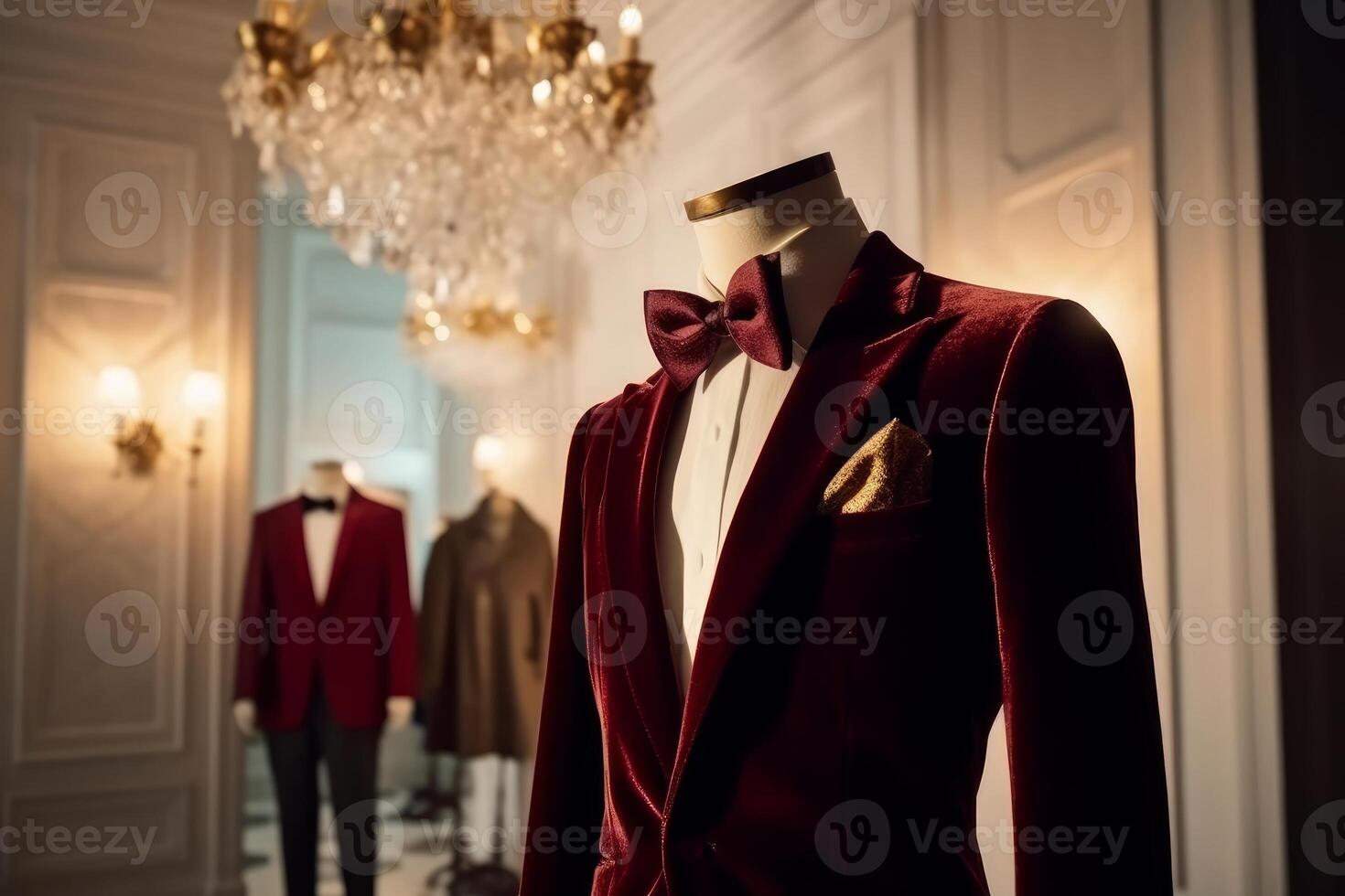 AI generated Mannequin with red jacket and bow tie in luxury store. photo