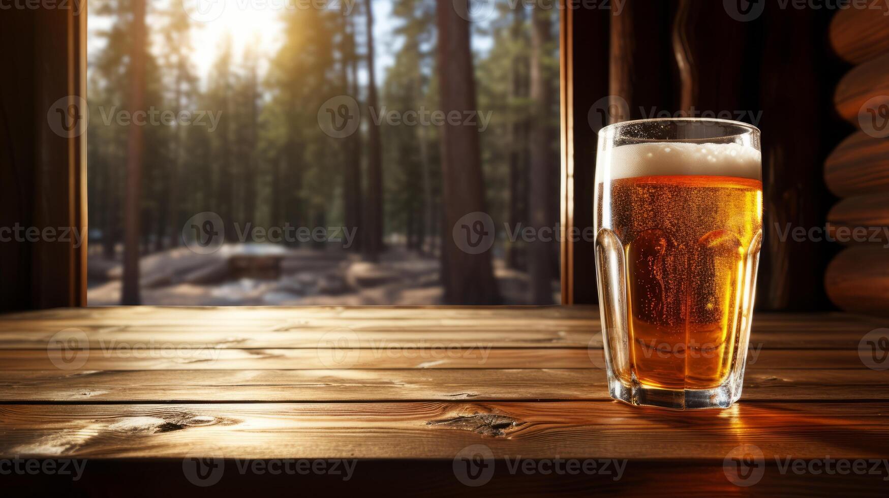 ai generado vaso de cerveza en de madera mesa en frente de ventana en pino bosque foto