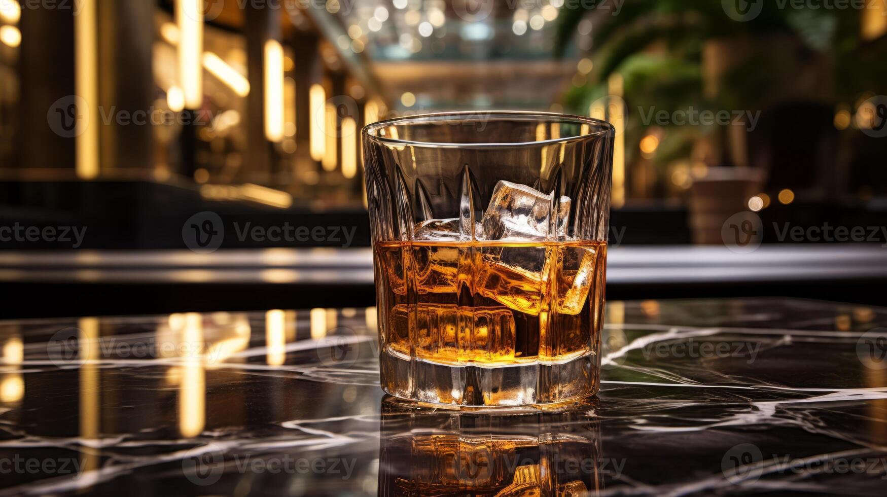 AI generated Glass of whiskey with ice cubes on a glass table in a bar photo