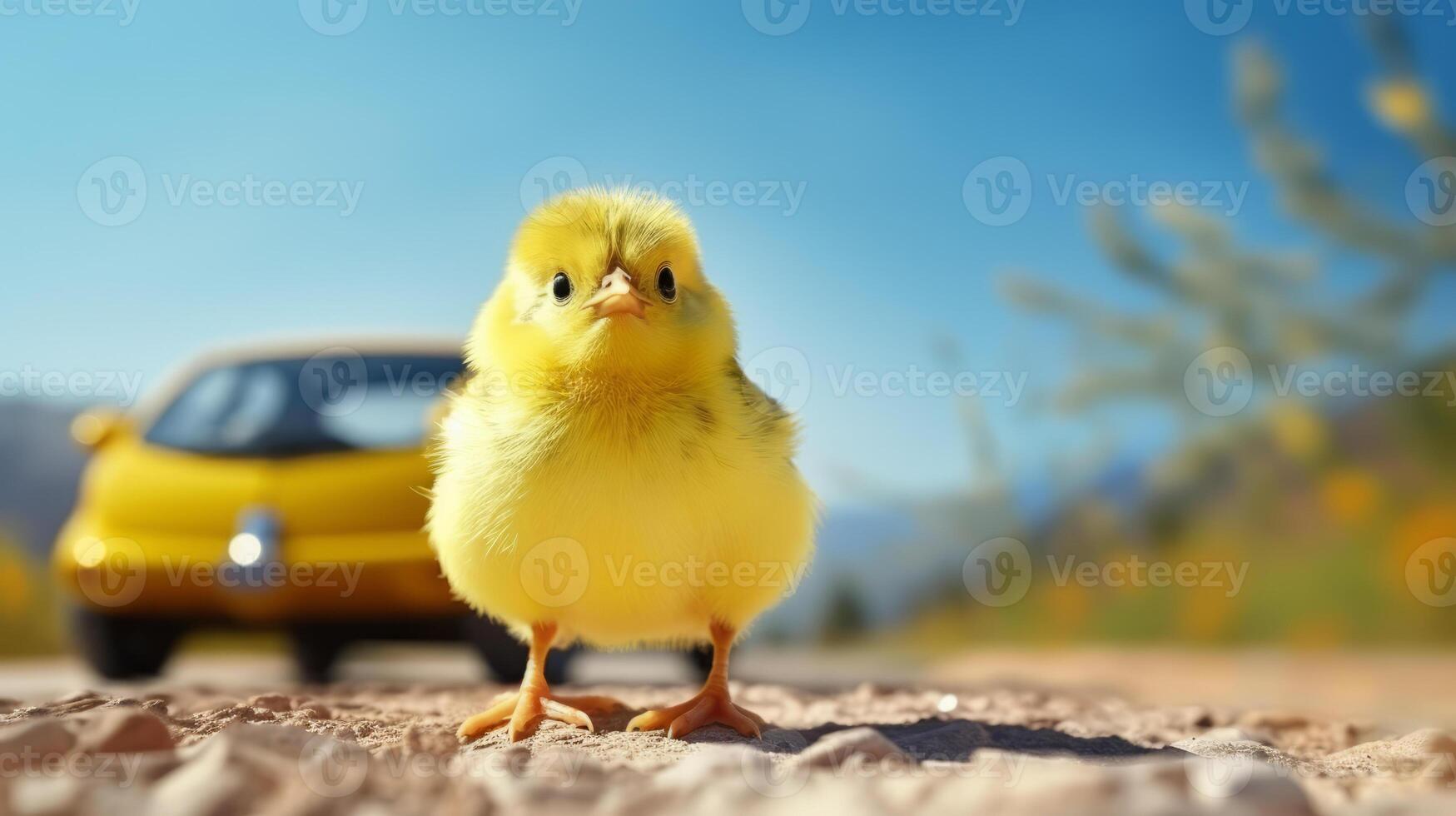 ai generado linda pequeño amarillo pollo y coche en borroso fondo, de cerca foto