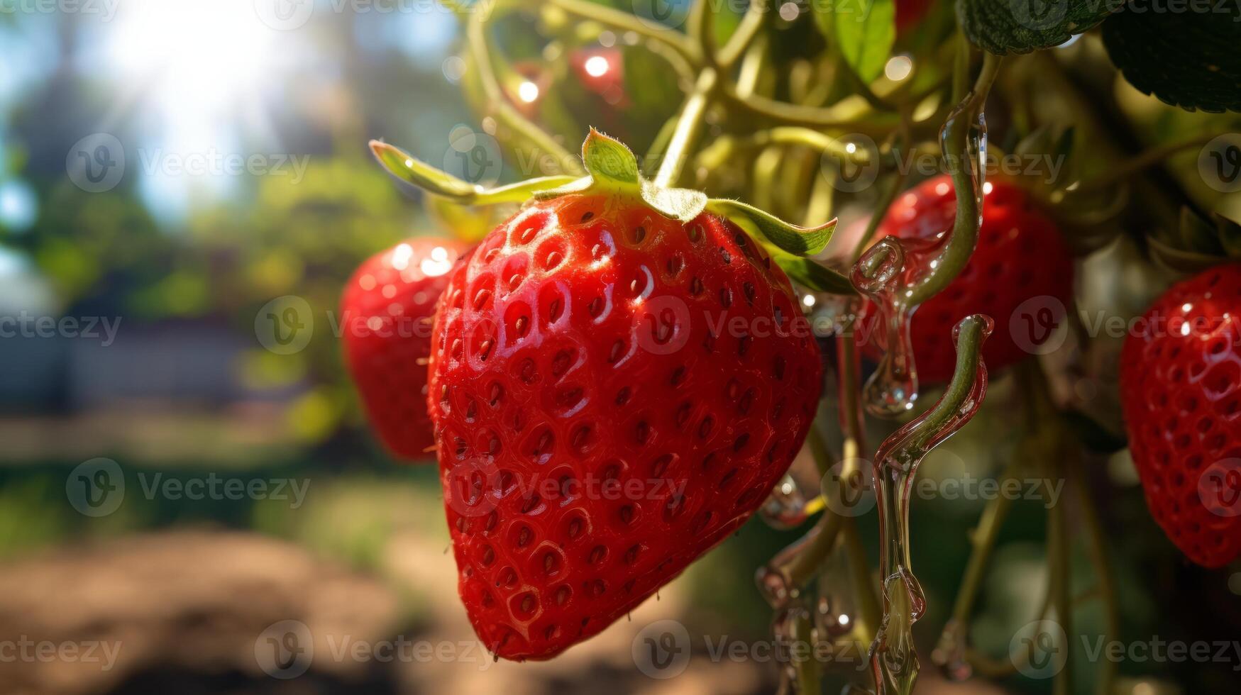 AI generated Strawberries on a branch with dew drops, close-up photo