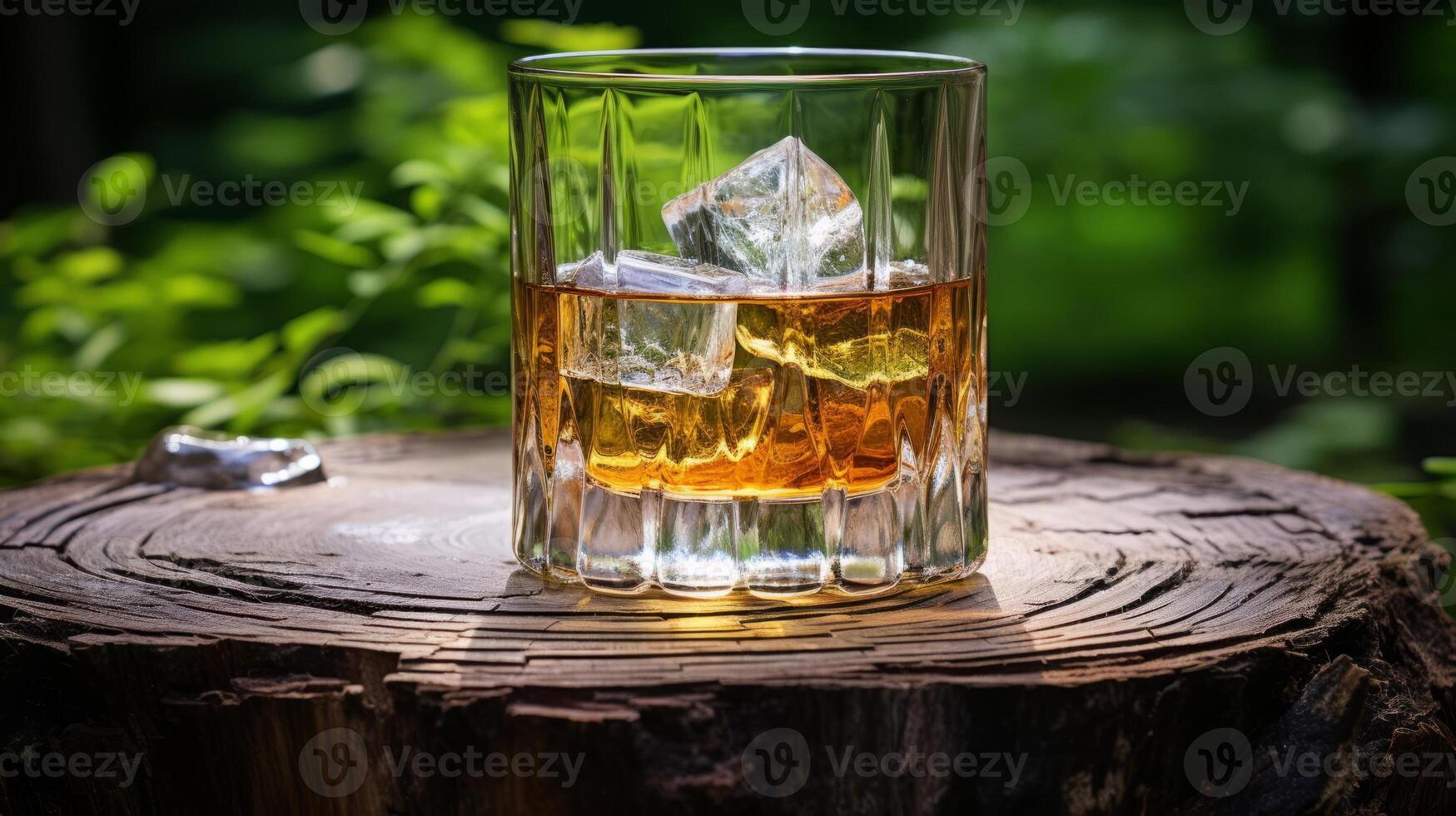 AI generated Whiskey with ice on a wooden stump in the forest. photo