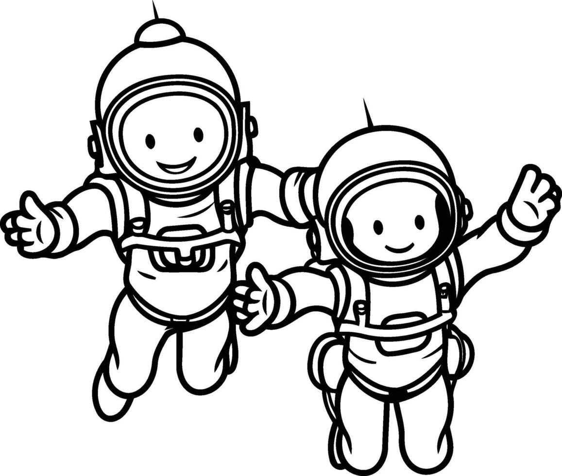 ai generado colorante libro para niños astronauta chico y niña en blanco antecedentes vector