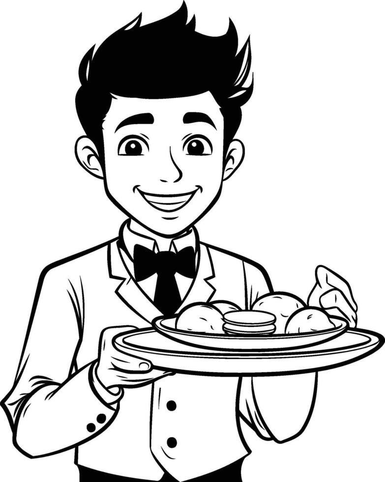 AI generated Handsome waiter with tray of food cartoon vector illustration graphic design
