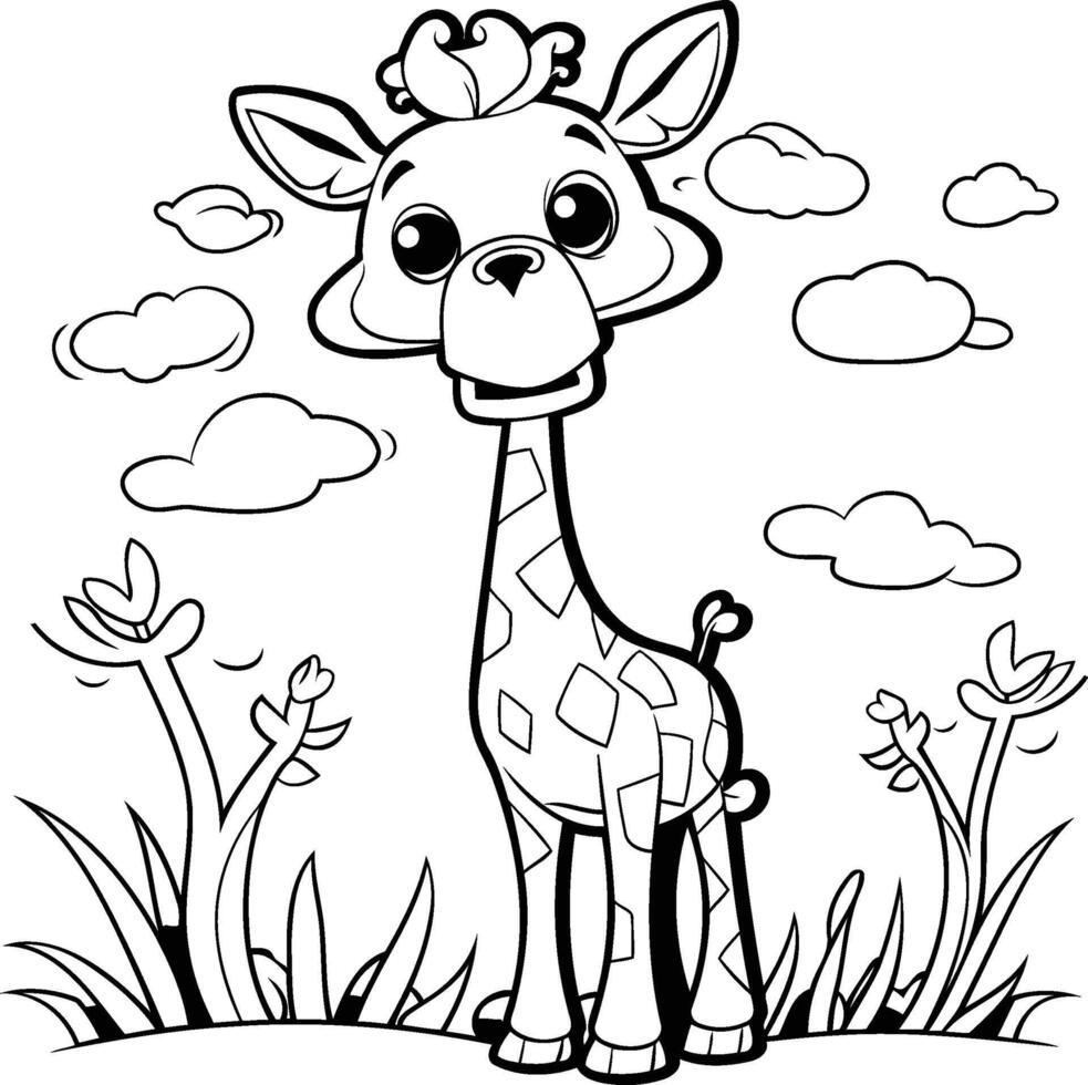 AI generated Coloring book for children Giraffe in the grass with flowers vector