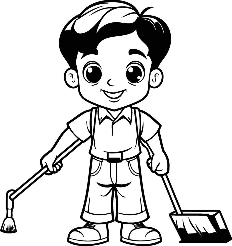 AI generated Cute Boy Cleaning the Floor - Black and White Cartoon Illustration vector