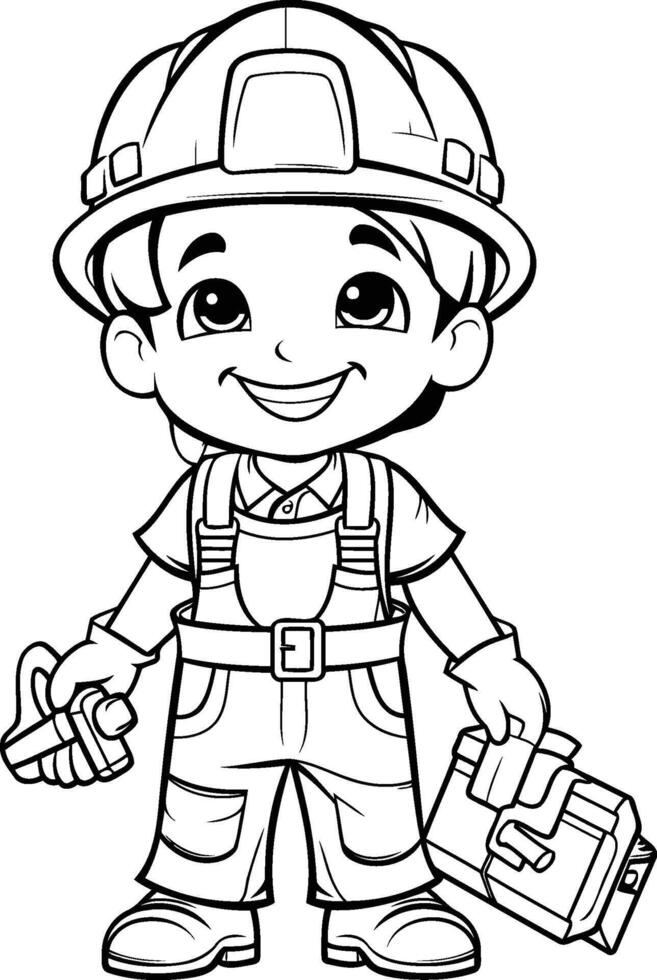 ai generado negro y blanco dibujos animados ilustración de linda pequeño chico construcción trabajador personaje para colorante libro vector