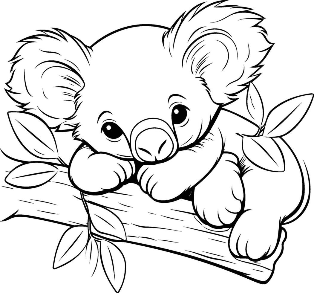 AI generated Coloring book for children Koala sitting on a branch with leaves vector