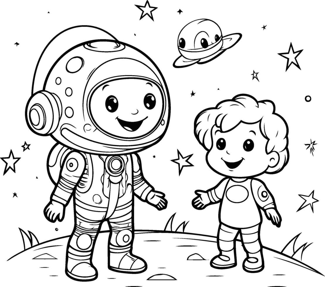 ai generado colorante libro para niños astronauta y pequeño chico. vector ilustración.
