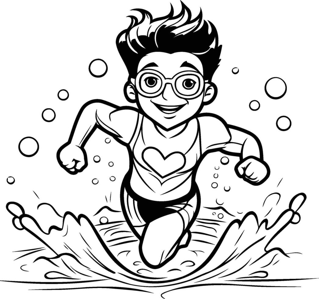 AI generated Boy Swimming - Black and White Cartoon Illustration. Line Art Style vector