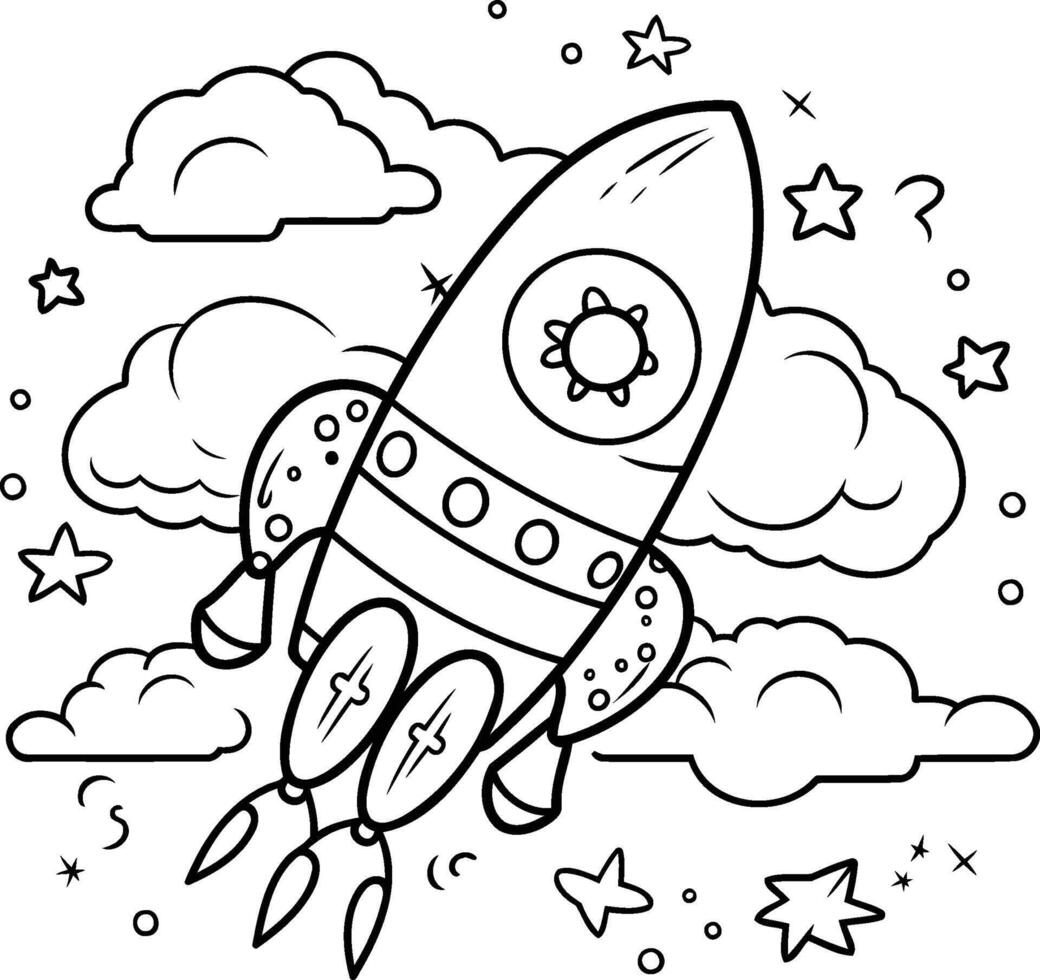 colorante libro para niños cohete en el cielo. vector ilustración