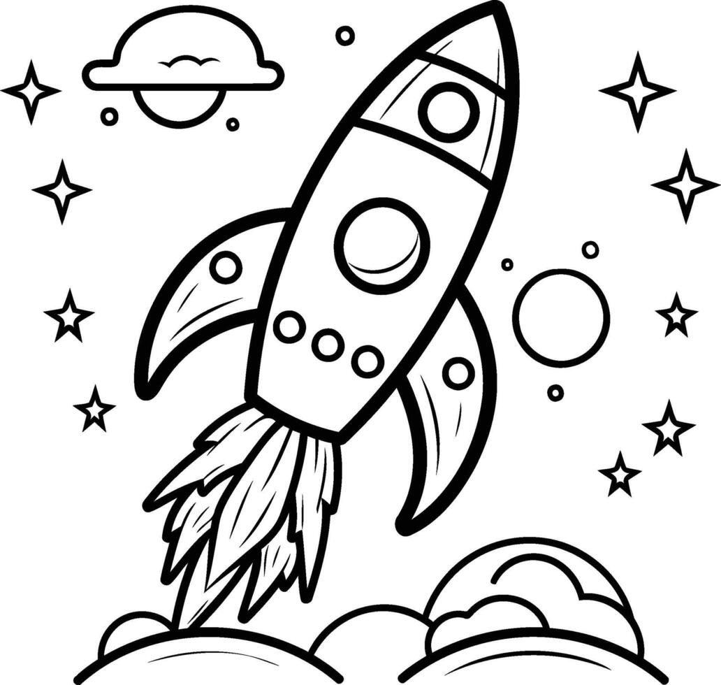 Coloring book for children rocket in the space. Vector illustration