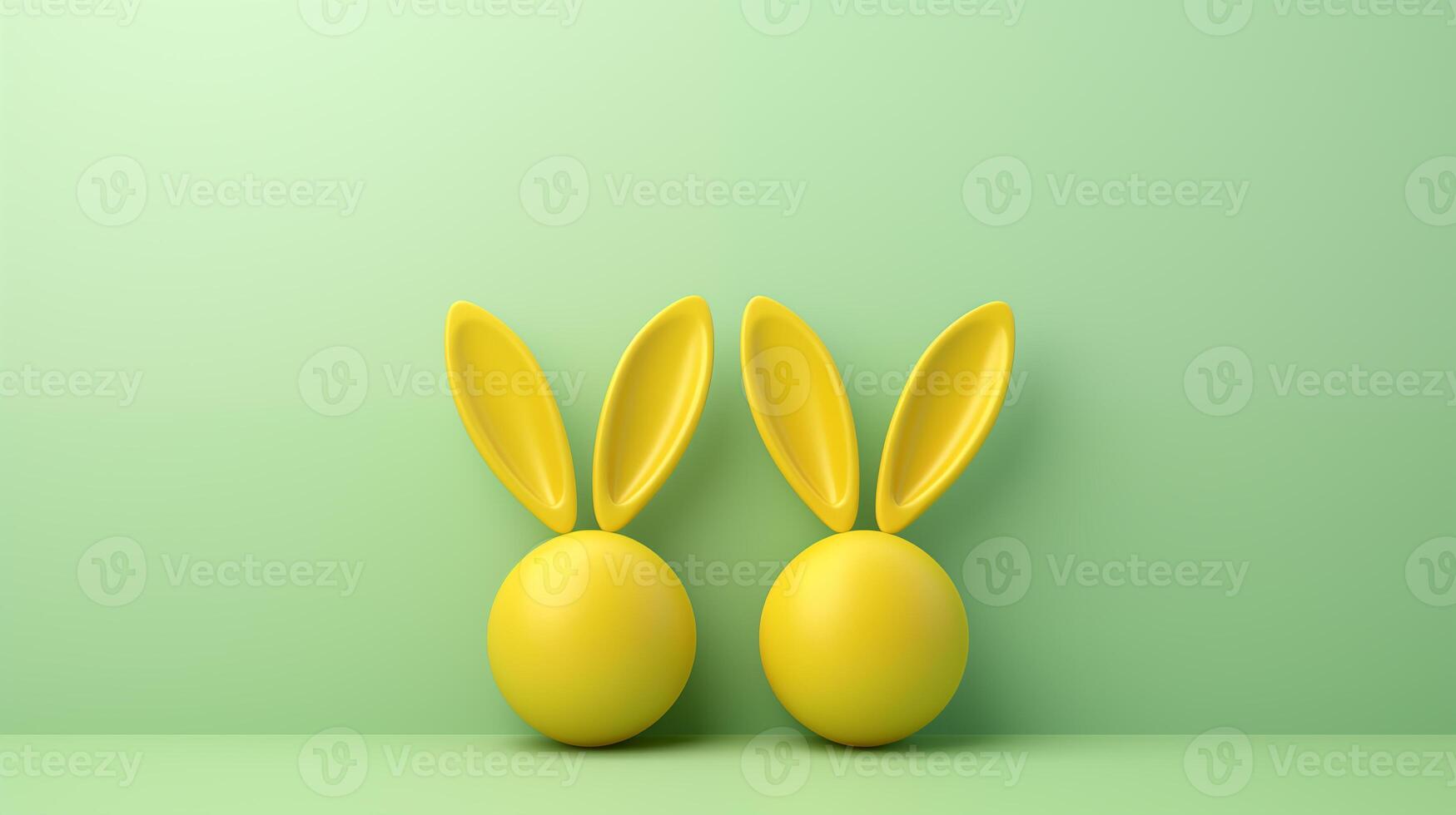AI generated two yellow balls with bunny ears on a light green horizontal background. abstract image of Easter bunnies in 3D photo