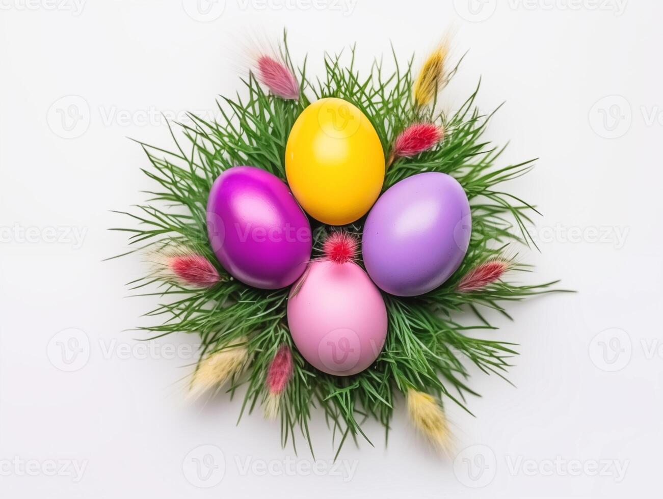 AI generated Easter eggs pink, yellow, purple lie in a nest of green grass on a white background. top view photo