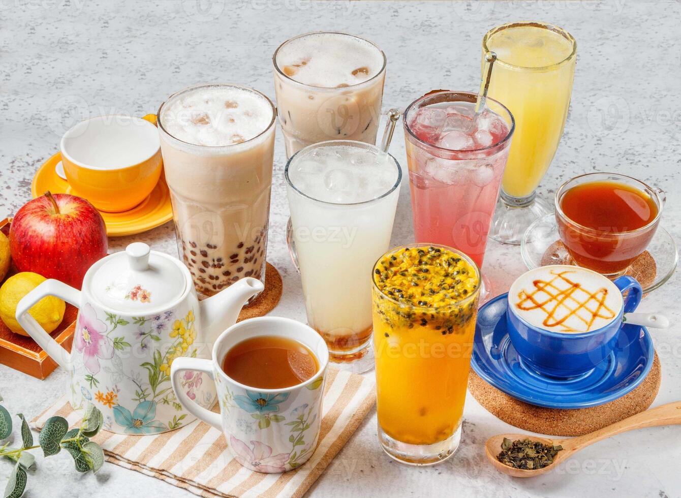 Grass Jelly Milk Tea, Passion Fruit Green Tea, Cherry Blossom Sparkling Water, Grapefruit , Apple Hi Peel, Black Coffee, Caramel Macchiato, Bubble Tea, Kumquat Lemon, Lot of summer drinks table photo