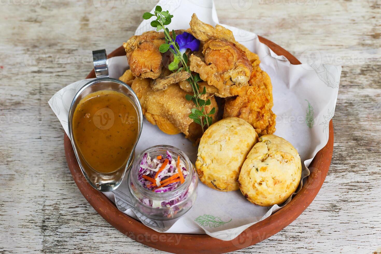 Beer Battered Fish and Chips served in a dish isolated on background top view of fastfood photo