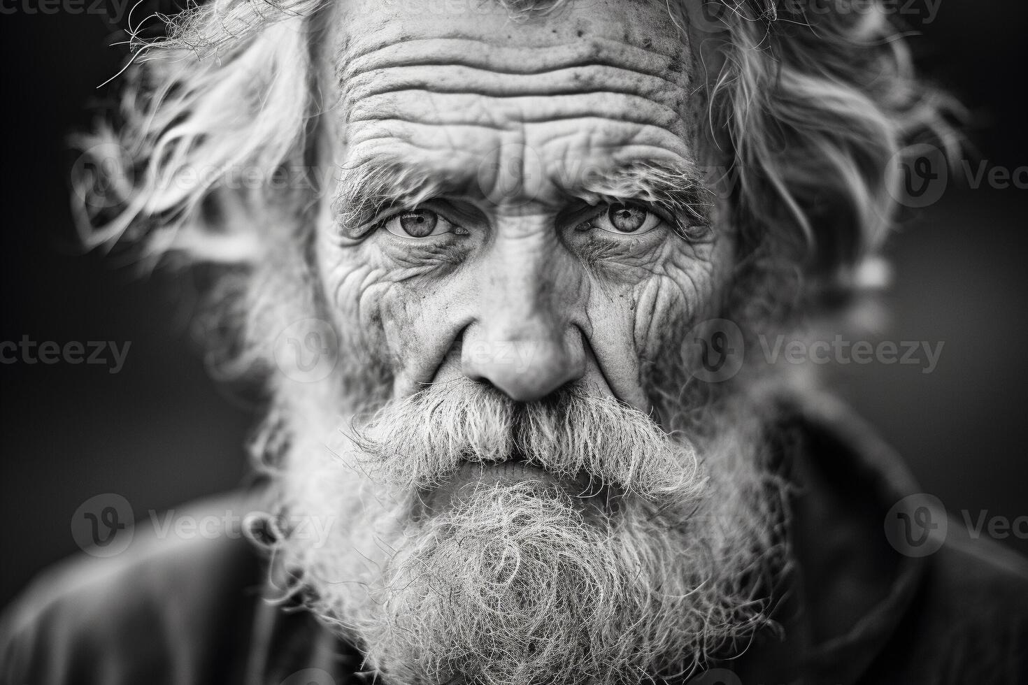 AI generated Elderly Man with Weathered Face in Thoughtful Dignity Captured in Black and White Film Style photo