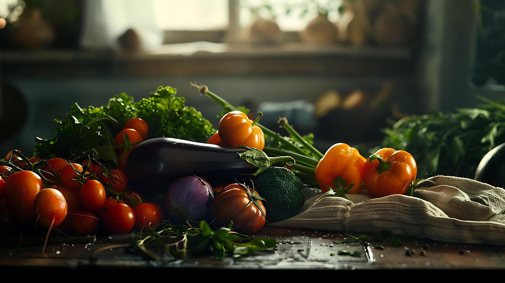 AI generated Vibrant Fresh Vegetable Display on Rustic Table Enhanced by Soft Natural Light photo