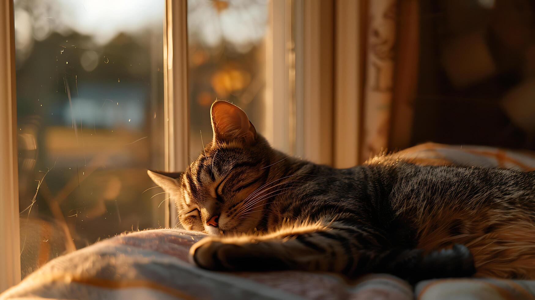 ai generado Doméstico gato salones en tarde luz de sol enmarcado por paisaje urbano mediante suave atención ventana foto