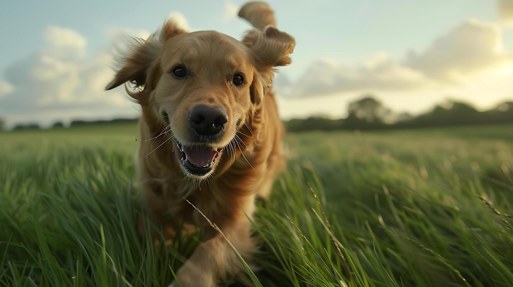 AI generated Golden Retriever Radiates through Sunset Meadow Captured with Expansive Landscape and Wide Angle Lens photo