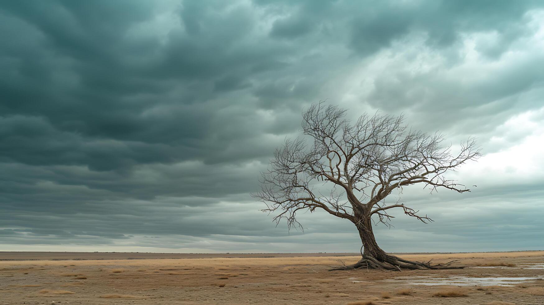 AI generated Resilient Lone Tree Stands Firm Against Stormy Sky Symbolizing Endurance and Strength in Adversity photo