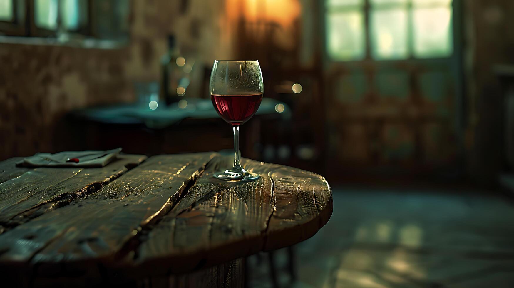 AI generated Cozy Ambiance Red Wine on Rustic Table Bathed in Soft Natural Light photo