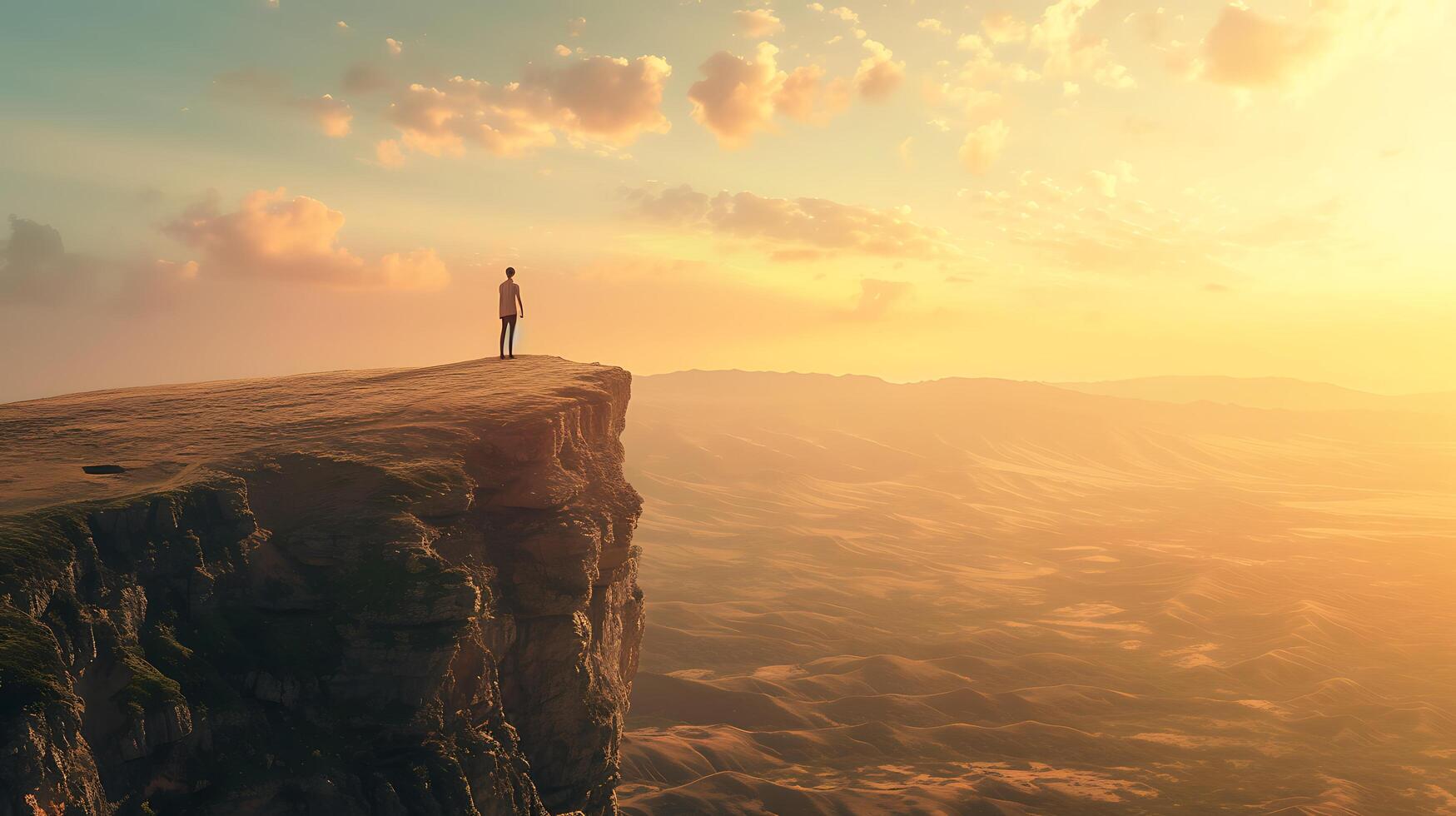 ai generado abrazando el sin límites horizonte un solitario figura vamos Vamos bañado en calentar dorado ligero foto