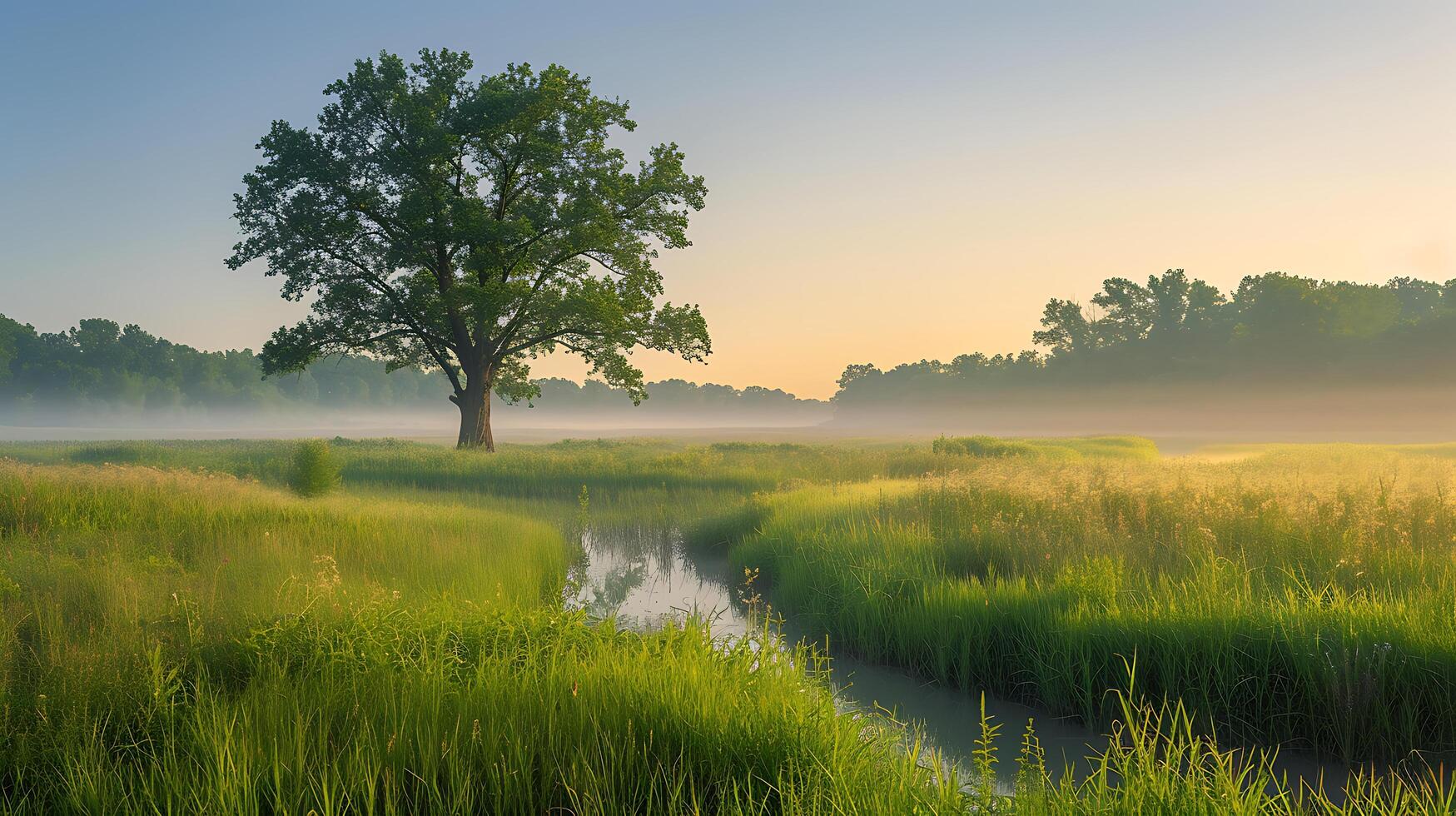 AI generated Tranquil Dawn Meadow Tree and Babbling Brook Reflecting the Spectrum of Human Emotions photo