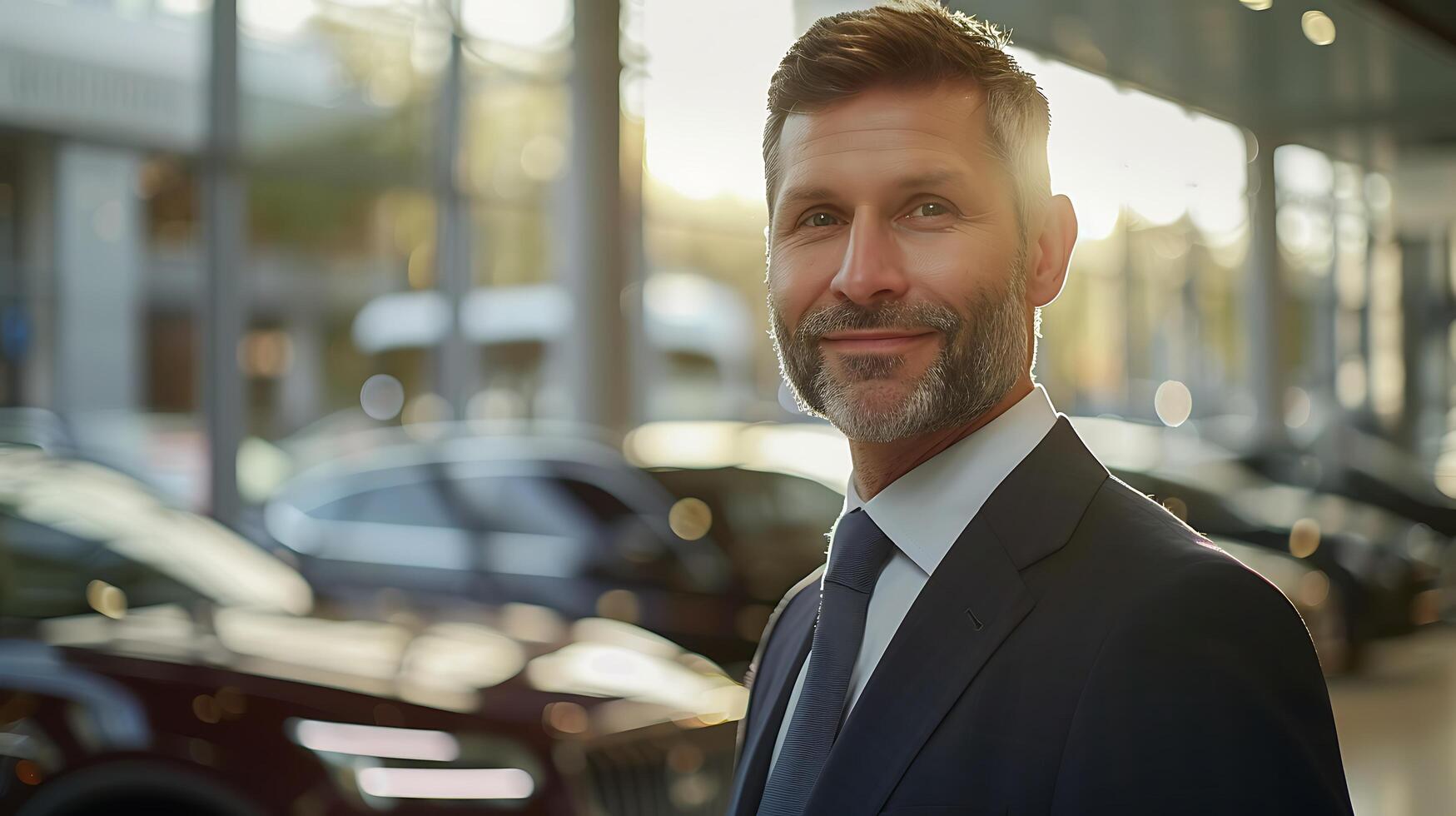 AI generated Smiling Businessman Stands at Luxury Car Showroom Surrounded by Modern Vehicles Bathed in Soft Natural Light photo