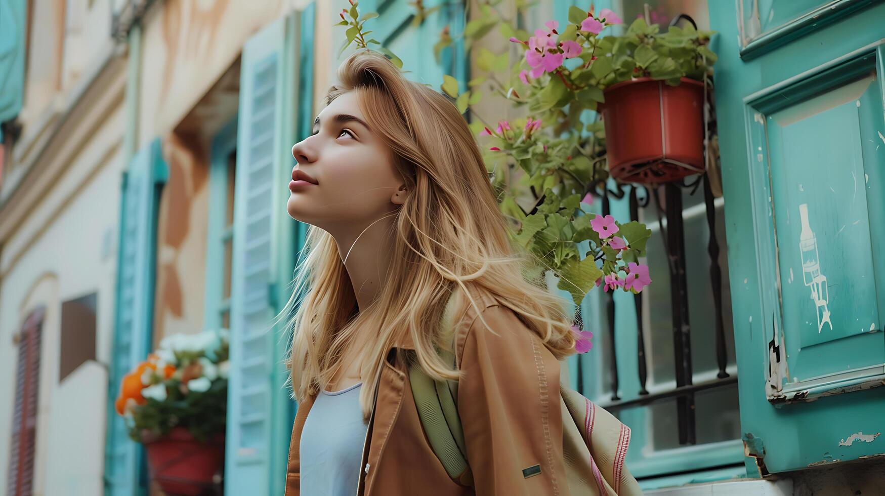 AI generated Young Woman Explores Historic City Square with Map in Hand Enveloped by Bustling Urban Atmosphere photo