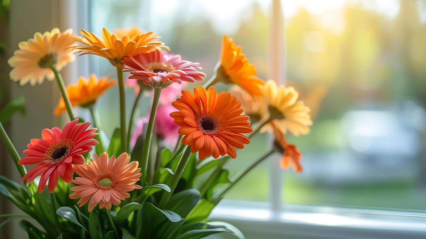 AI generated Vibrant Bouquet of Mixed Flowers Illuminated by Soft Natural Light captured with Macro Lens photo