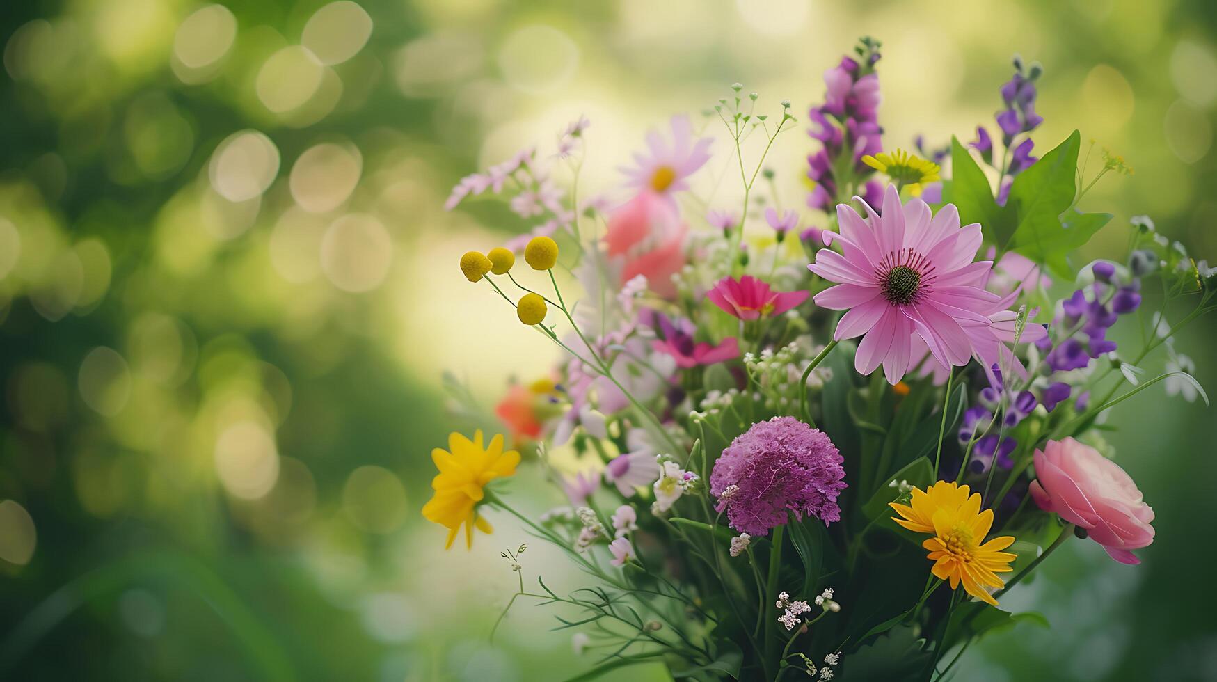 AI generated Vibrant Bouquet in Rustic Wooden Vase Against Soft Diffused Background photo