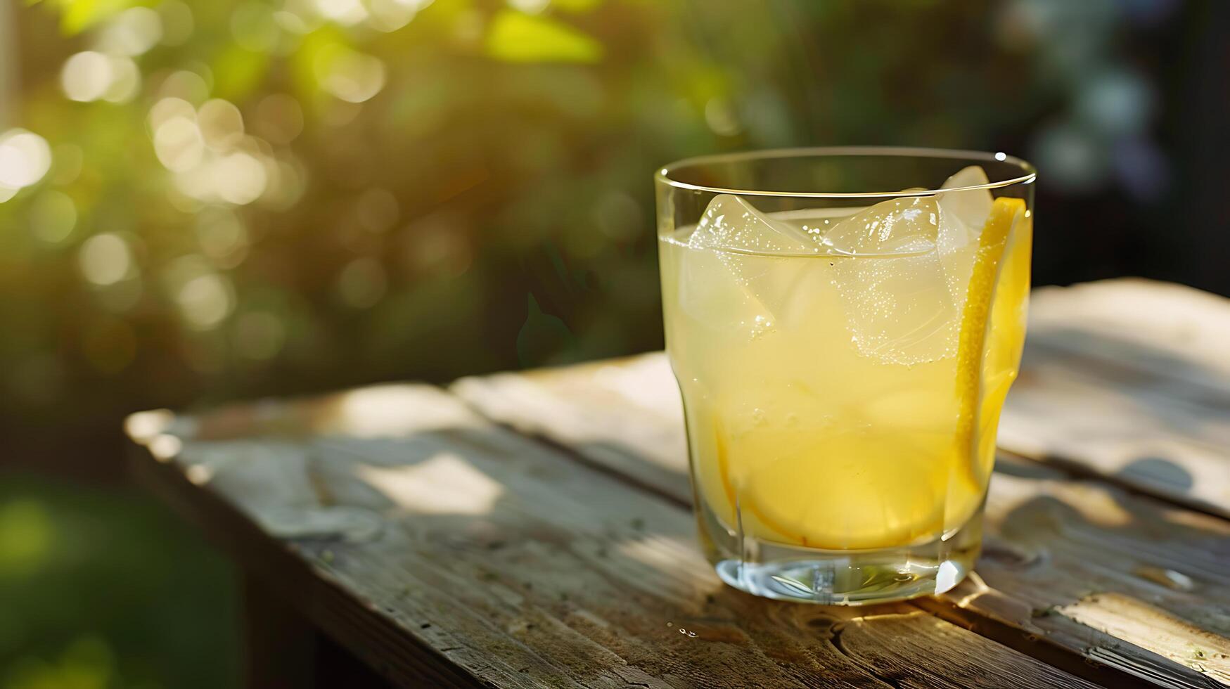 AI generated Refreshing Iced Lemonade with Lemon Slice and Mint Against Bright Outdoor Patio Background photo