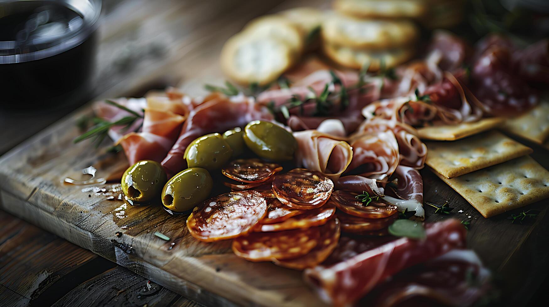 ai generado ingeniosamente arreglado charcutería tablero vitrinas clasificado quesos carnes y frutas en suave natural ligero foto