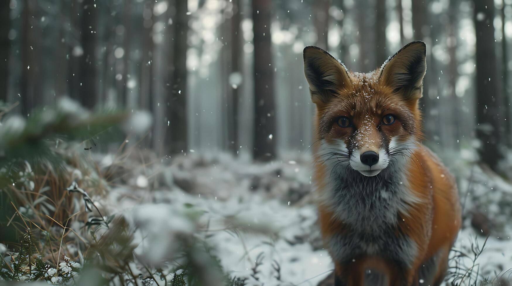 AI generated Red Fox Hunts in Snowy Forest Bathed in Soft Natural Light photo