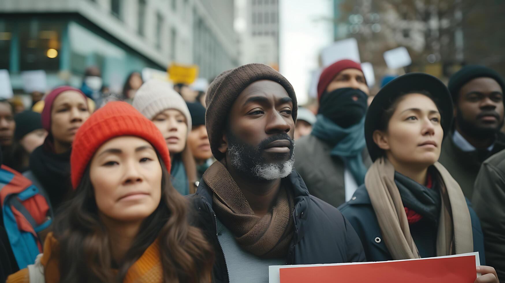 AI generated Diverse Group Marches Through City with Protest Signs Bathed in Soft Natural Light photo