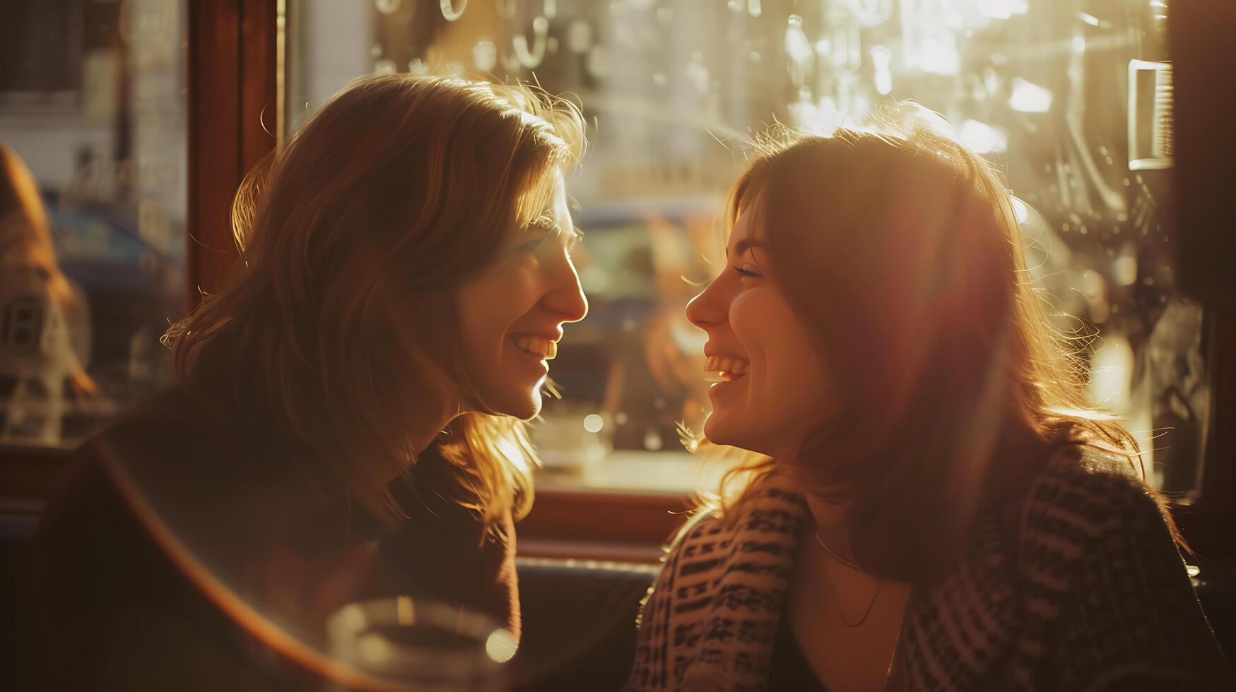 ai generado acogedor café escena dos mujer riendo y chateando en suave natural ligero foto