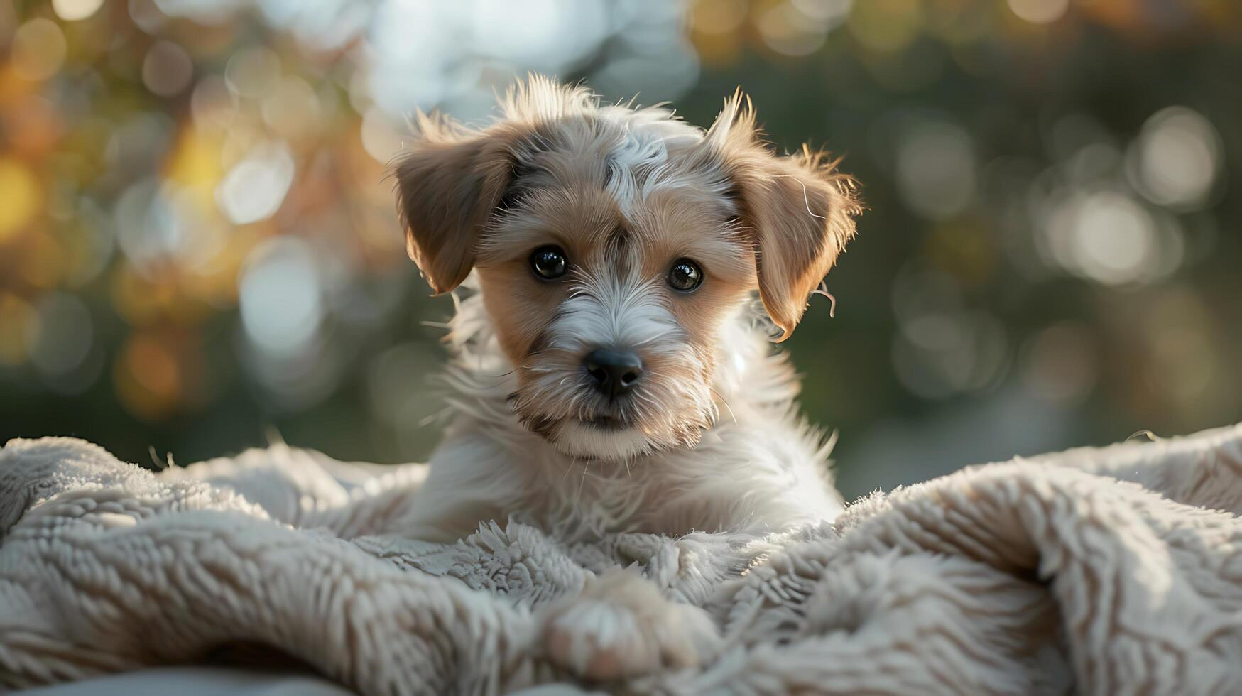 AI generated Cute Puppy on Soft Blanket Gazes At Camera in Serene Natural Setting photo