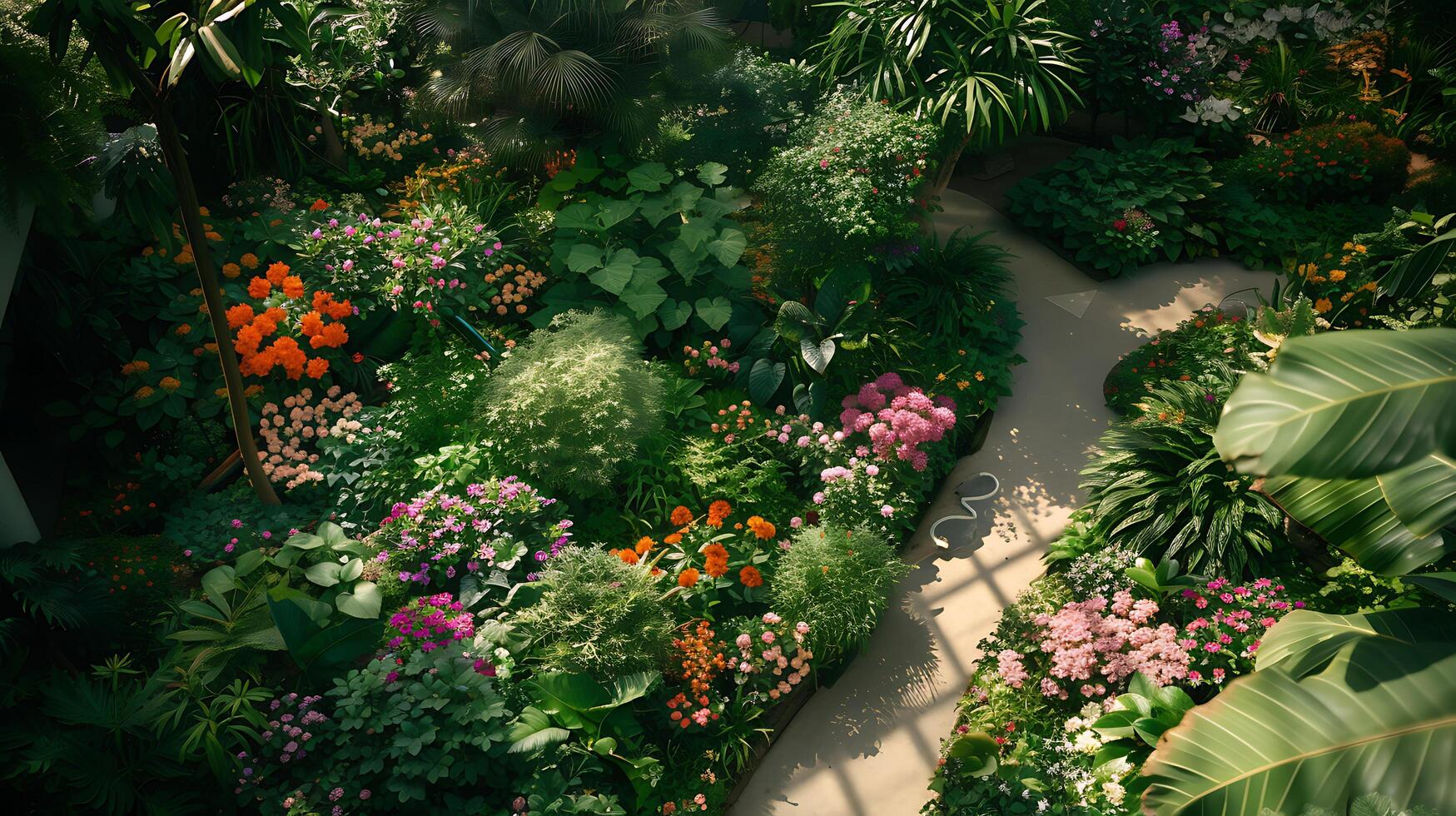 AI generated Lush Garden Oasis Colorful Blooms and Greenery Bask in Soft Natural Light photo