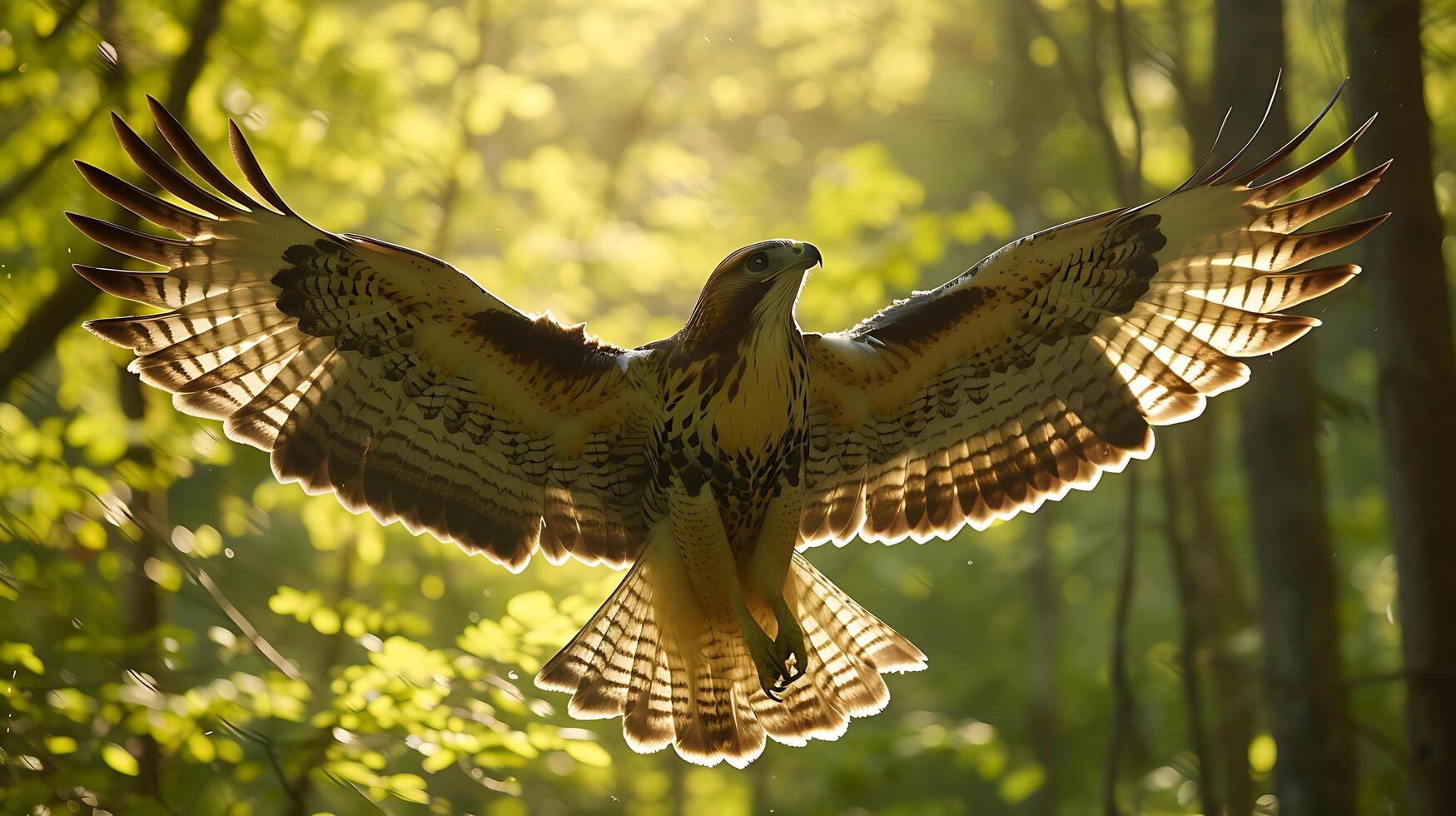 ai generado lesionado halcón liberado dentro iluminado por el sol bosque en medio de fauna silvestre rehabilitación esfuerzos foto