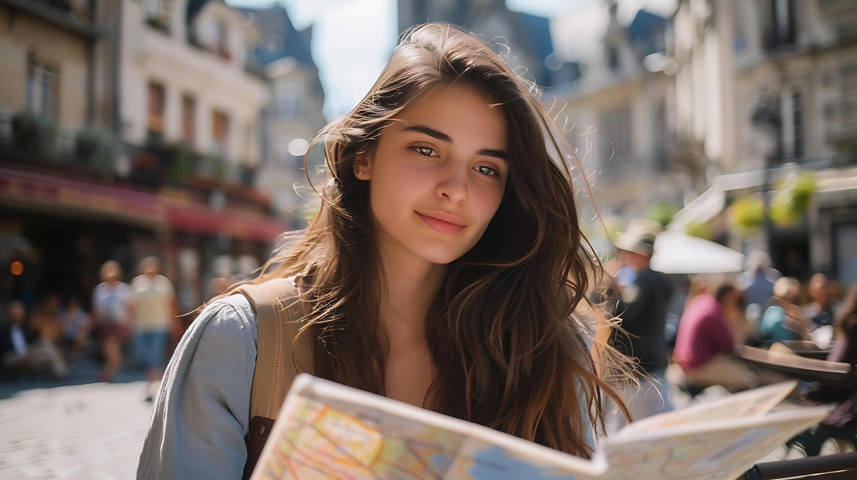 AI generated Young Woman Puzzled by Map at Busy Train Station with Approaching Train photo